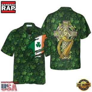 Saint Patrick'S Day Shamrock Celtic Cross Harp Irish Hawaiian Shirt