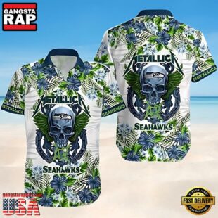 Seattle Seahawks Nfl Skull And Flower Pattern Metallica Short Sleeve Aloha Shirt