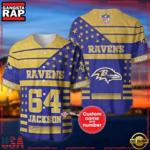 Custom Name And Number Baltimore Ravens NFL American Flag Baseball Jersey Shirt