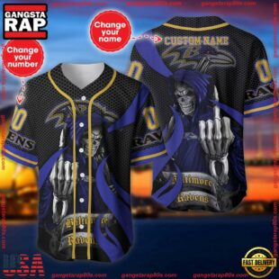 Custom Name And Number Baltimore Ravens NFL Skull Death 3D Baseball Jersey Shirt