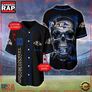 Custom Name And Number Baltimore Ravens NFL Skull Face 3D Baseball Jersey Shirt