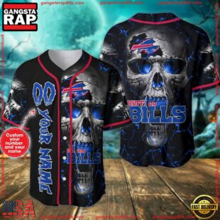 Custom Name And Number Buffalo Bills NFL Team Skull Baseball Jersey Shirt