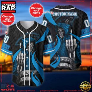 Custom Name And Number Carolina Panthers NFL Skull Death 3D Baseball Jersey Shirt