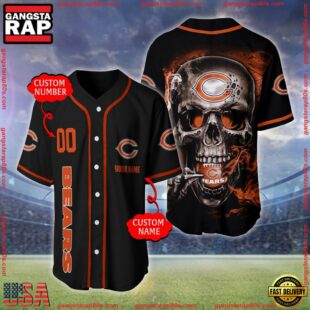 Custom Name And Number Chicago Bears NFL Skull Face 3D Baseball Jersey Shirt