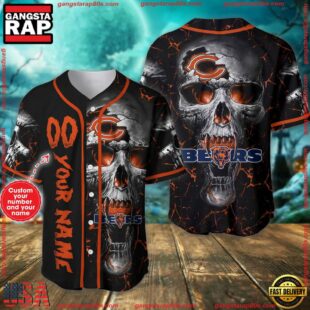 Custom Name And Number Chicago Bears NFL Team Skull Baseball Jersey Shirt