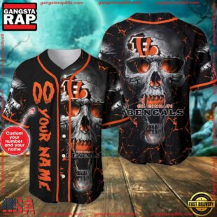 Custom Name And Number Cincinnati Bengals NFL Skull Face 3D Baseball Jersey Shirt