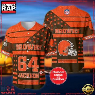 Custom Name And Number Cleveland Browns NFL American Flag Baseball Jersey Shirt