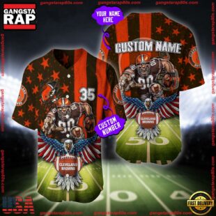 Custom Name And Number Cleveland Browns NFL Mascot US Flag Baseball Jersey Shirt