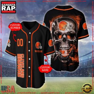 Custom Name And Number Cleveland Browns NFL Skull Face 3D Baseball Jersey Shirt