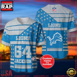 Custom Name And Number Detroit Lions NFL American Flag Baseball Jersey Shirt