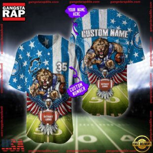 Custom Name And Number Detroit Lions NFL Mascot US Flag Baseball Jersey Shirt