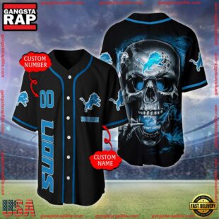 Custom Name And Number Detroit Lions NFL Skull Face 3D Baseball Jersey Shirt