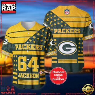 Custom Name And Number Green Bay Packers NFL American Flag Baseball Jersey Shirt