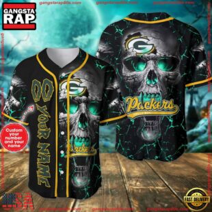 Custom Name And Number Green Bay Packers NFL Team Skull Baseball Jersey Shirt