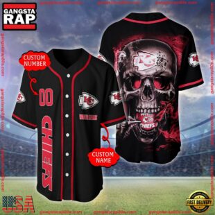 Custom Name And Number Kansas City Chiefs NFL Skull Face 3D Baseball Jersey Shirt