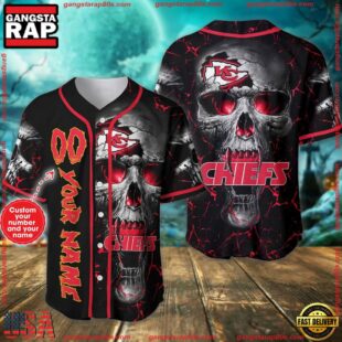 Custom Name And Number Kansas City Chiefs NFL Team Skull Baseball Jersey Shirt