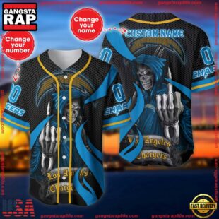 Custom Name And Number Los Angeles Chargers NFL Skull Death 3D Baseball Jersey Shirt