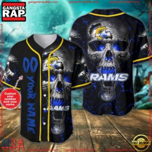 Custom Name And Number Los Angeles Rams NFL Team Skull Baseball Jersey Shirt