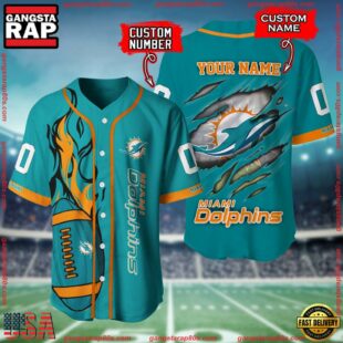 Custom Name And Number Miami Dolphins NFL Football Team Baseball Jersey Shirt