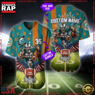 Custom Name And Number Miami Dolphins NFL Mascot US Flag Baseball Jersey Shirt