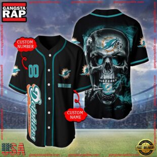 Custom Name And Number Miami Dolphins NFL Skull Face 3D Baseball Jersey Shirt