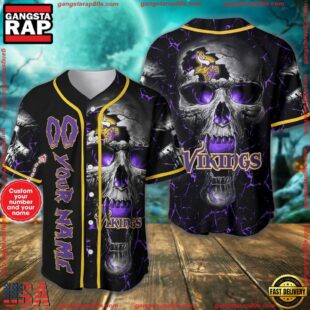 Custom Name And Number Minnesota Vikings NFL Skull Face 3D Baseball Jersey Shirt