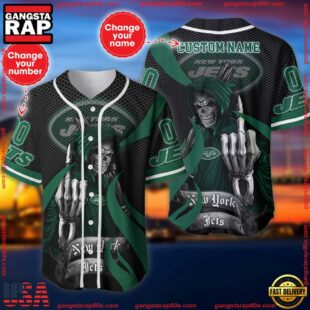 Custom Name And Number New York Jets NFL Skull Death 3D Baseball Jersey Shirt