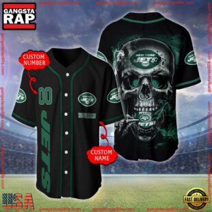 Custom Name And Number New York Jets NFL Skull Face 3D Baseball Jersey Shirt