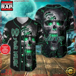 Custom Name And Number New York Jets NFL Team Skull Baseball Jersey Shirt