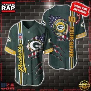 Custom Name And Number NFL Green Bay Packers America Flag Baseball Jersey Shirt Gift For Fans