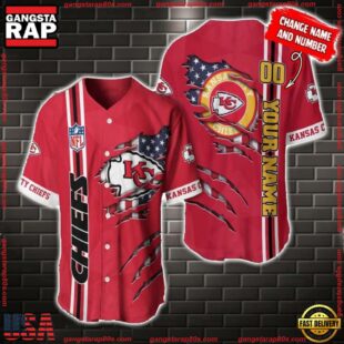 Custom Name And Number NFL Kansas City Chiefs America Flag Baseball Jersey Shirt Gift For Fans