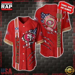 Custom Name And Number NFL San Francisco 49ers America Flag Baseball Jersey Shirt Gift For Fans