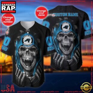 Custom Name And Number NFL Team Carolina Panthers Skull Pattern Baseball Jersey Shirt