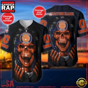 Custom Name And Number NFL Team Chicago Bears Skull Pattern Baseball Jersey Shirt