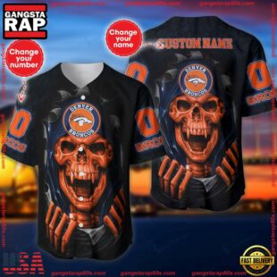 Custom Name And Number NFL Team Denver Broncos Skull Pattern Baseball Jersey Shirt