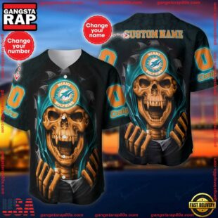 Custom Name And Number NFL Team Miami Dolphins Skull Pattern Baseball Jersey Shirt