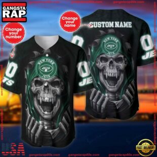 Custom Name And Number NFL Team New York Jets Skull Pattern Baseball Jersey Shirt