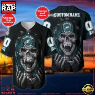 Custom Name And Number NFL Team Philadelphia Eagles Skull Pattern Baseball Jersey Shirt