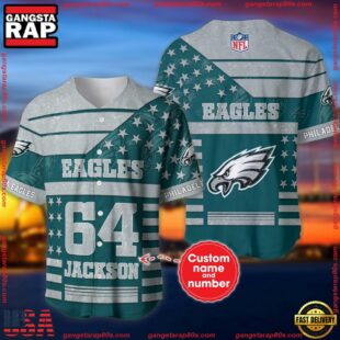 Custom Name And Number Philadelphia Eagles NFL American Flag Baseball Jersey Shirt