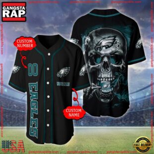 Custom Name And Number Philadelphia Eagles NFL Skull Face 3D Baseball Jersey Shirt