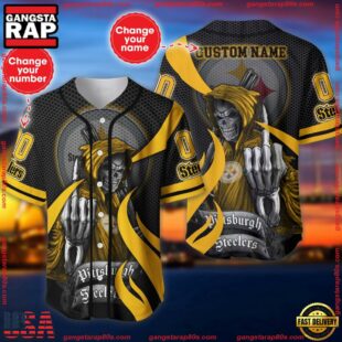 Custom Name And Number Pittsburgh Steelers NFL Skull Death 3D Baseball Jersey Shirt