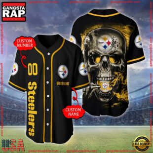 Custom Name And Number Pittsburgh Steelers NFL Skull Face 3D Baseball Jersey Shirt