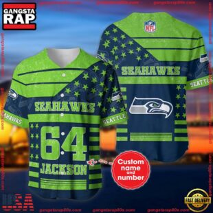 Custom Name And Number Seattle Seahawks NFL American Flag Baseball Jersey Shirt