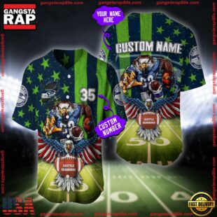 Custom Name And Number Seattle Seahawks NFL Mascot US Flag Baseball Jersey Shirt