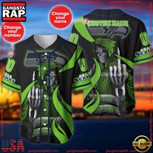 Custom Name And Number Seattle Seahawks NFL Skull Death 3D Baseball Jersey Shirt