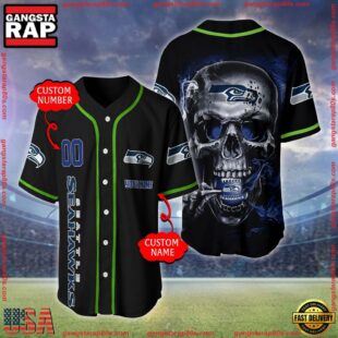 Custom Name And Number Seattle Seahawks NFL Skull Face 3D Baseball Jersey Shirt