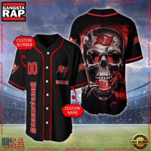 Custom Name And Number Tampa Bay Buccaneers NFL Skull Face 3D Baseball Jersey Shirt