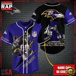 Custom Name NFL Baltimore Ravens Mascot And Skull Baseball Jersey