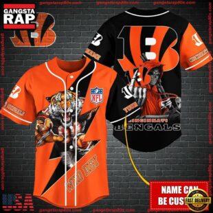 Custom Name NFL Cincinnati Bengals Mascot And Skull Baseball Jersey