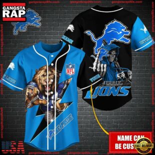 Custom Name NFL Detroit Lions Mascot And Skull Baseball Jersey